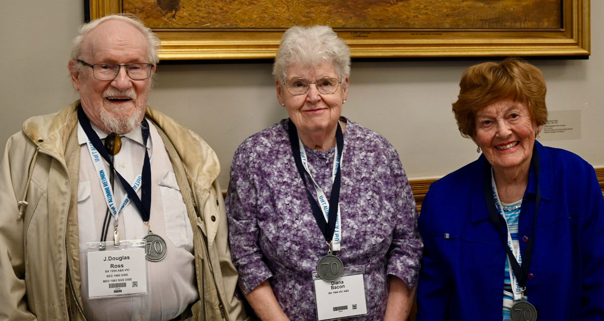 Victoria College Class of 1954 members J.Douglas Ross, Diana Bacon and Mary Eleanor Morris received 70th anniversary reunion medals at the 2024 Vic Honoured Years’ Lunch. (Photos by Minh Truong) 