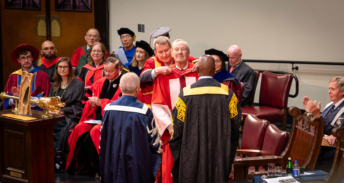 David Wilson being awarded an honorary degree at Convocation Hall.