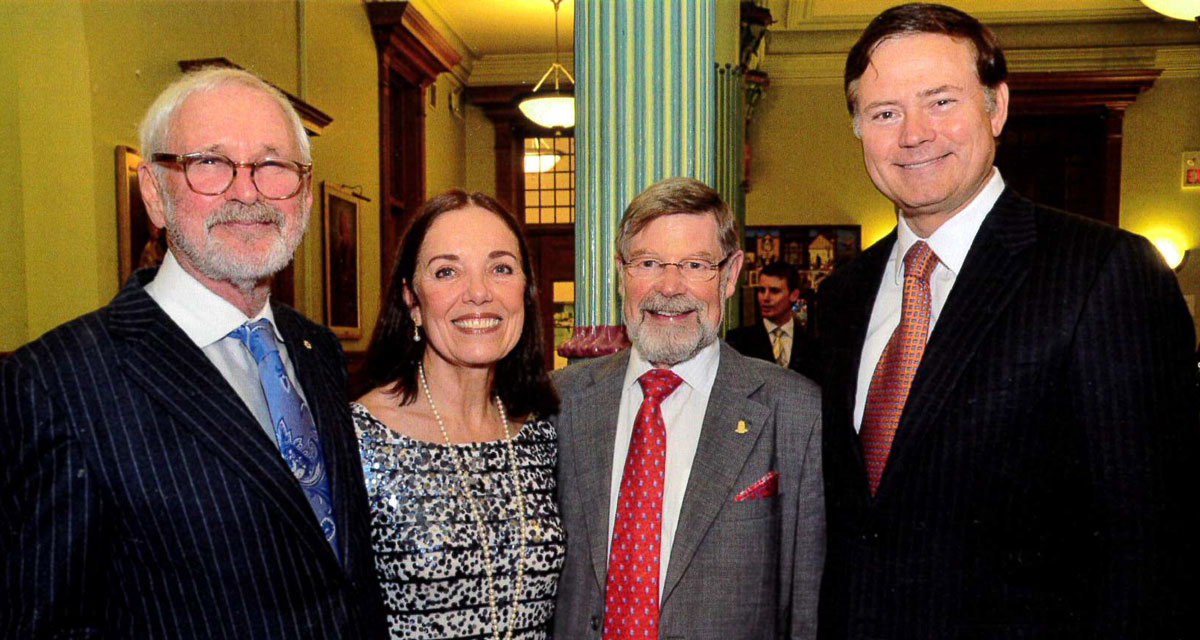 Former Vic U chancellors Norman Jewison and Wendy Cecil pose with President Emeritus Paul Gooch and Blake Goldring Vic 8T1, at the 2011 launch of the Jewison stream of the Vic One program.