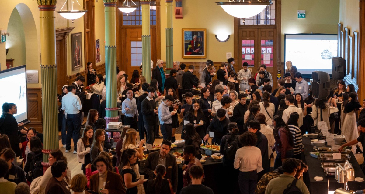 A large gathering of attendees at the Student Awards Gala in the Old Vic building.